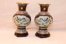 Pair Of Vintage Chinese Brown Cloisonne Vases On Wooden Stands (M-3)