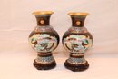 Pair Of Vintage Chinese Brown Cloisonne Vases On Wooden Stands (M-3)