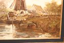 Vintage Framed Dutch Oil Painting Of Windmill On Water (M-16)