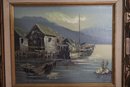 Vintage Framed Seaside Village Painting