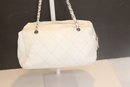 Chanel White Caviar Leather Tote Bag Chain Straps  Handbag W/ Box