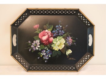 Vintage Nashco La Verne Toleware Black Metal Tray Hand Painted Fruit Lattice