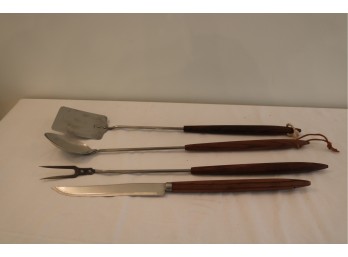 4 Piece Mid-Century Walnut Handled BBQ Tool Set