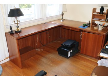 Wood L- Shaped Office Desk With Drawer And Hidden Pull Out Storage Shelves.