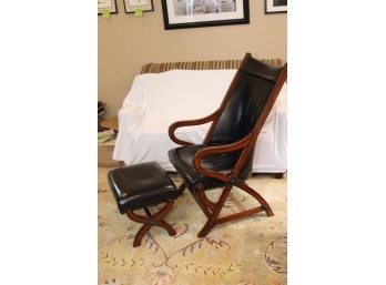 Black Leather Wood Framed Chair And Ottoman