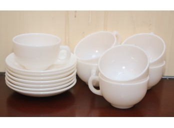 Vintage Mid-century Set Of White Glass Coffee Cups And Saucers