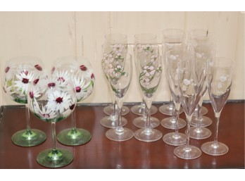 Loral Painted Wine Glasses And Perrier Jouet Champagne Glasses