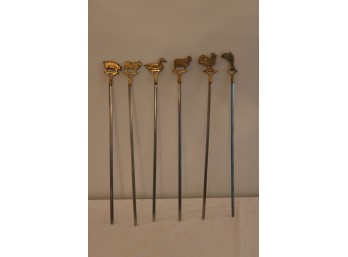 Set Of 6 Brass Farm Animal Shish-Kebab Skewer