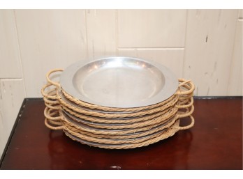 Wicker Rattan Plate Holders With Handles And Aluminum Plates~Lot Of 8