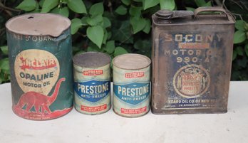 Vintage Sinclair, Socony Motor Oil Cans & 2 Prestone Anti-Freeze Can 1 Is FULL! (G-39)