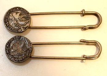 Vintage Pair Of Greek Alexander Coin Safety Pin Brooches (M-39)