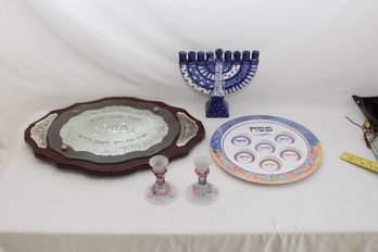 Menorah, Challah Plate -w/ Knife Candle Sticks And Plastic Seder Plate (B-80)