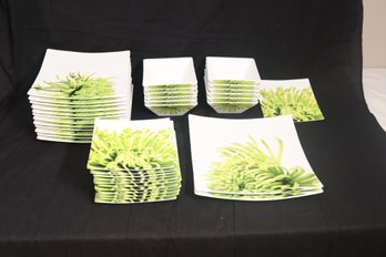 CB2 Crate & Barrel Square Green Chrysanthemum Plate Set Service For 12