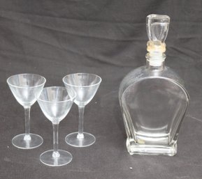 Vintage Glass Decanter And 3 Glasses