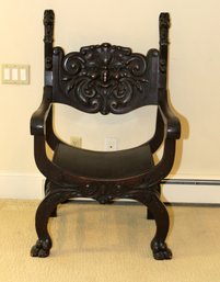 Antique Carved Lion / Dragon Oak Hall Throne Chair (B-92)