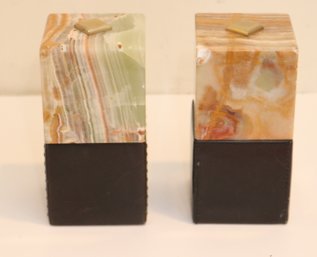 Vintage 1970s Mark Cross Onyx And Leather Bookends By Mark Cross