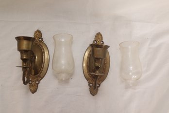 Vintage Brass Candle Sconces With Glass Hurricane Shades (A-79)