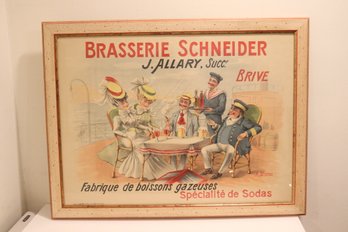 Antique Framed  French Poster Braserie Schneider  Soda Advertisement  C 1910