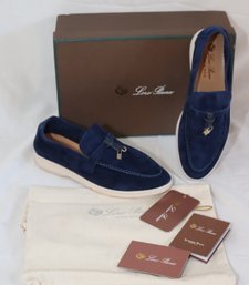 Authentic Loro Piana Summer Charms Walk Blue Suede Loafers Size 38 (A-61)