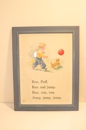 Vintage Framed Large Childrens Book Dick And Jane Jump & Run, With Puff The Cat. (J-68)