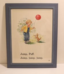 Vintage Framed Large Childrens Book Dick And Jane Jump & Run, With Puff The Cat. (J-69)