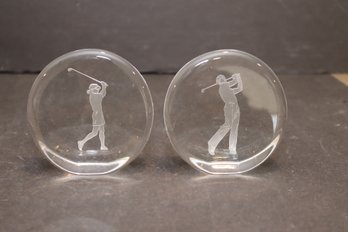 Pair Of Etched Glass Male And Female Golfers (M-89)