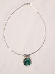 Sterling Silver Necklace With Green Malachite Stone 925 Mexico (J-13)