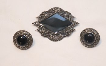 Vintage Sterling Silver, Black Onyx Marcasite Art Deco Brooch Pin & Earrings (J-14)