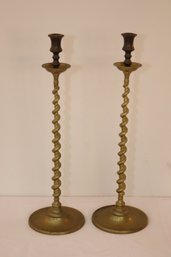 Pair Of Vintage Spiral Tall Brass Candlesticks (J-4)