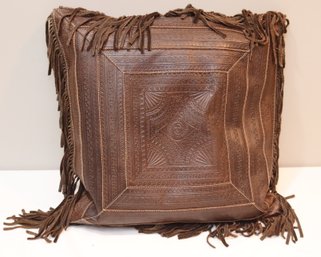 Ralph Lauren Brown Leather Throw Pillow With Fringe (F-13)