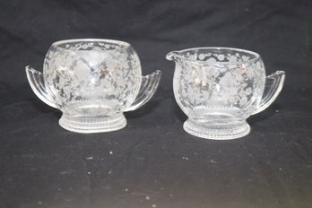 Uncan Miller First Love Creamer & Sugar Bowl Floral Needle Etched Ribbed Foot 1930's. (B-9)