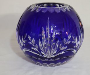 Vintage Cobalt Blue Cut To Clear Crystal Bowl Vase Sphere (T-13)