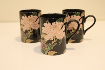 Set Of 3 Fitz & Floyd Cloisonne Peony Coffee Mugs 1979 (o-16)