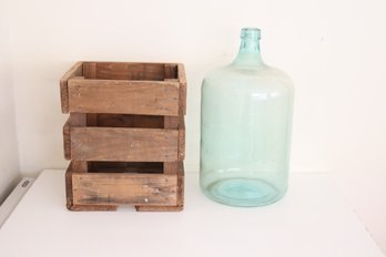 Vintage Glass 5 Gallon Carboy Jug In Wooden Crate (-2)