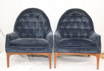 Pair Of Vintage Mid-century  Danish Modern Blue Upholstered Arm Chairs (T-26)