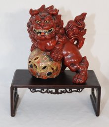 Vintage Japanese Kutani Gilt Porcelain Foo Dog Shishi Guardian Lion On Wood Stand (T-29)