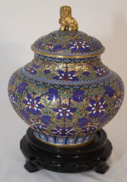 Vintage Chinese Enamel Vase On Wood Base