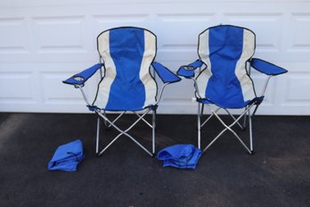 Pair Of Blue / Tan Folding Camp Chairs