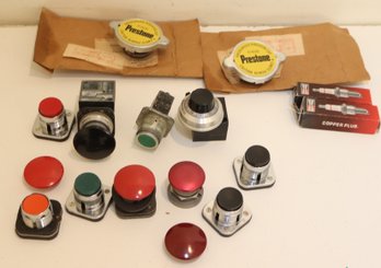 NOS Prestone Radiator Caps, Push Buttons, Champion Spark Plugs (J-13)