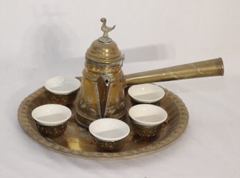 Brass Covered Turkish Coffee Set With Platter And Porcelain Cups  (T-84)