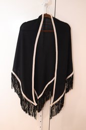 Black And White Shawl Scarf With Leather Trim Fringe (F-52)