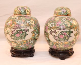 Vintage Pair Of Chinese Ginger Jars On Wooden Stands (M-5)