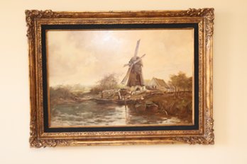 Vintage Framed Dutch Oil Painting Of Windmill On Water (M-16)