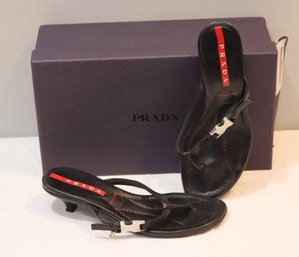 Prada Black Sandles With Silver Clasp Size 35 1/2 Made In Italy. (AS-18)