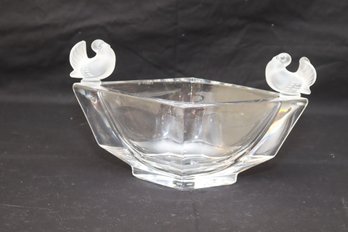 Rare Vintage Cristal Sevres Diamond Shaped Bowl With 2 Frosted Glass Birds