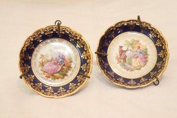 2 Limoges REHAUSSE MAIN Porcelain Miniature Plate On Stand Made In France