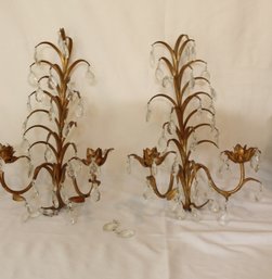 Pair Of Dual Candle Holder Wall Sconces With Crystals (D-24)