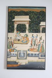 Large Vintage Painting Indian Couple On Terrace Being Serenaded India (A-20)