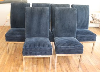 Set Of 6 Blue Upholstered Chairs With Chrome Legs