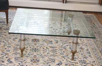 Vintage Square Glass Top Coffee Table On Brass And Stainless Base (a-22)